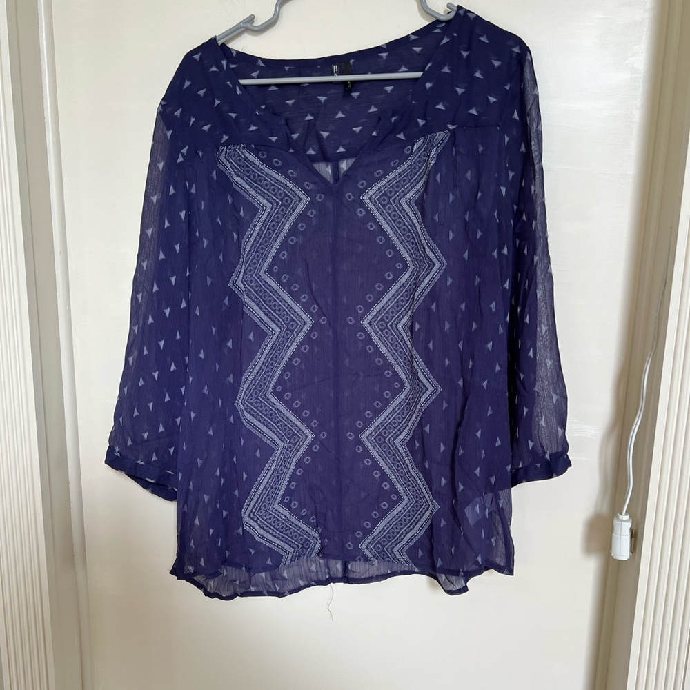 Navy blue, sheer, Aztec patterned, long sleeve blouse